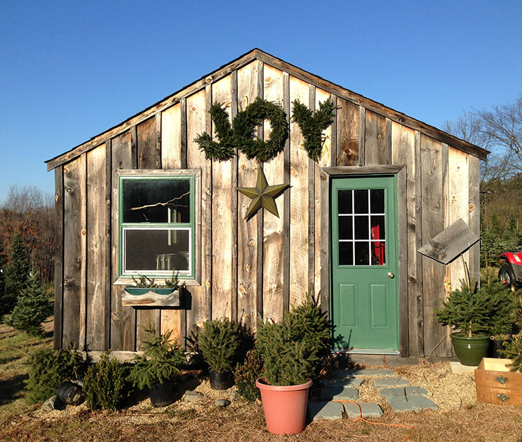 Barn at Riverwind Tree Farm with "Joy" wreath